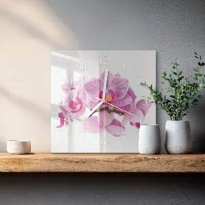 Čtvercové skleněné hodiny na stěnu Orchideje
