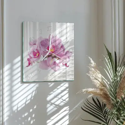 Čtvercové skleněné hodiny na stěnu Orchideje
