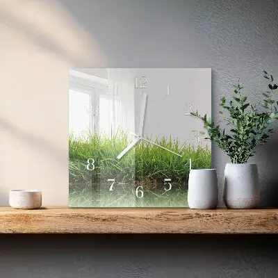 Čtvercové skleněné hodiny na stěnu Tráva