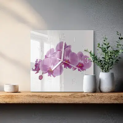 Čtvercové skleněné hodiny na zeď Orchidej