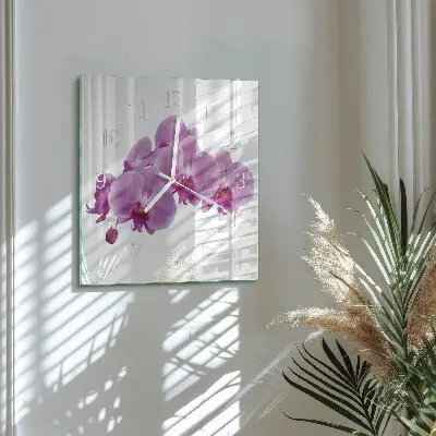 Čtvercové skleněné hodiny na zeď Orchidej