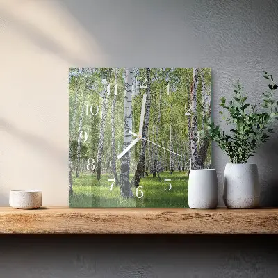 Čtvercové skleněné hodiny na zeď Březový les