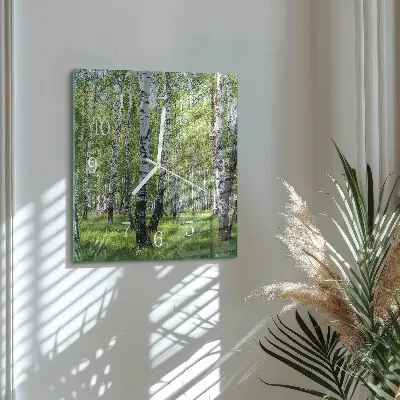 Čtvercové skleněné hodiny na zeď Březový les