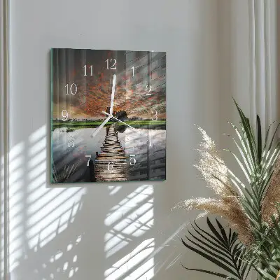 Nástěnné hodiny skleněné čtvercové Most na louce