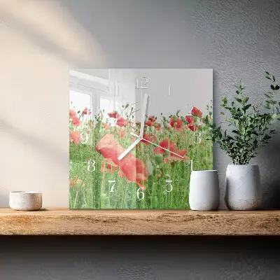 Čtvercové skleněné hodiny na stěnu Vlčí máky
