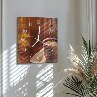 Čtvercové skleněné hodiny na stěnu Káva
