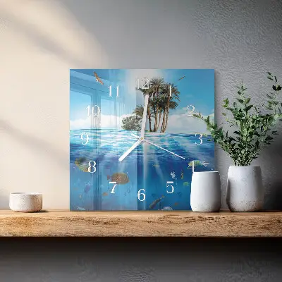 Čtvercové skleněné hodiny na zeď Rybí ostrov