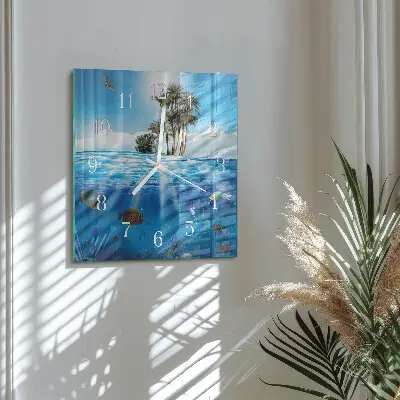 Čtvercové skleněné hodiny na zeď Rybí ostrov