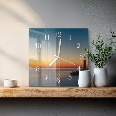 Čtvercové skleněné hodiny na zeď Maják moře