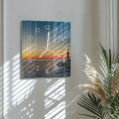 Čtvercové skleněné hodiny na zeď Maják moře