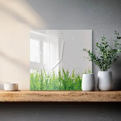 Čtvercové skleněné hodiny na zeď Tráva