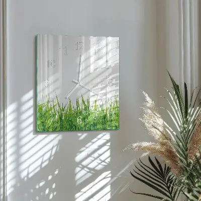 Čtvercové skleněné hodiny na zeď Tráva