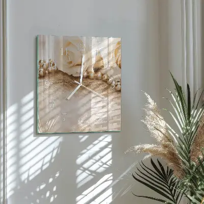 Nástěnné hodiny skleněné čtvercové Vintage růže v sépiovém odstínu