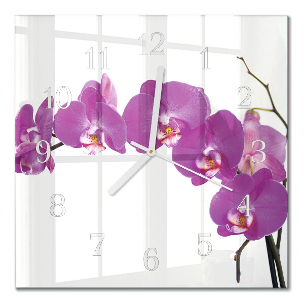 Čtvercové skleněné hodiny na stěnu Orchidej