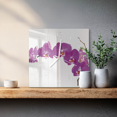 Čtvercové skleněné hodiny na stěnu Orchidej