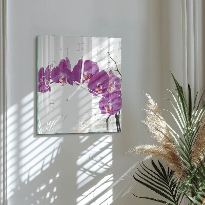 Čtvercové skleněné hodiny na stěnu Orchidej