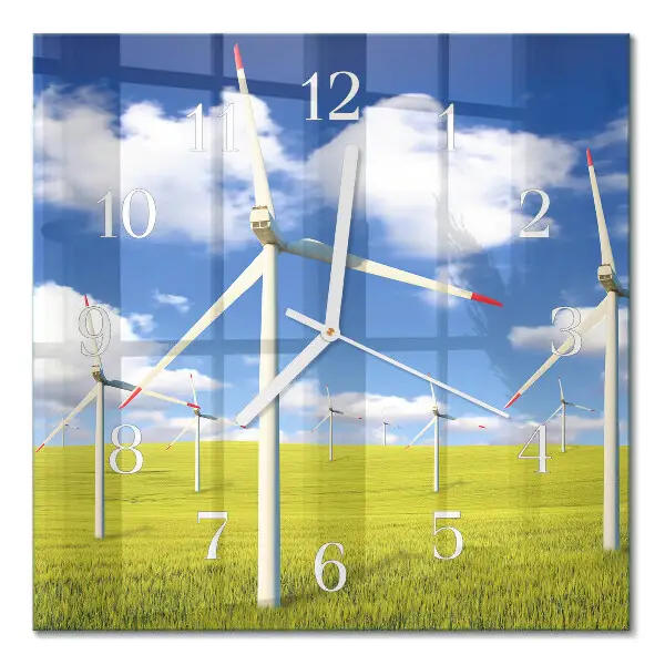 Čtvercové skleněné hodiny na zeď Větrná farma