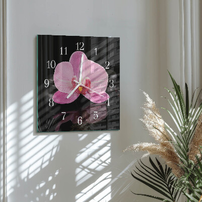 Čtvercové skleněné hodiny na zeď Orchidej