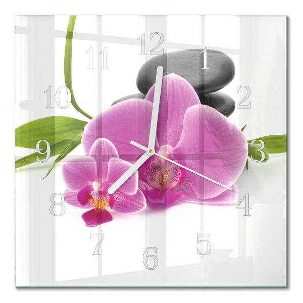Čtvercové skleněné hodiny na stěnu Orchidej