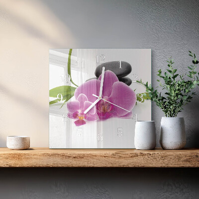 Čtvercové skleněné hodiny na stěnu Orchidej