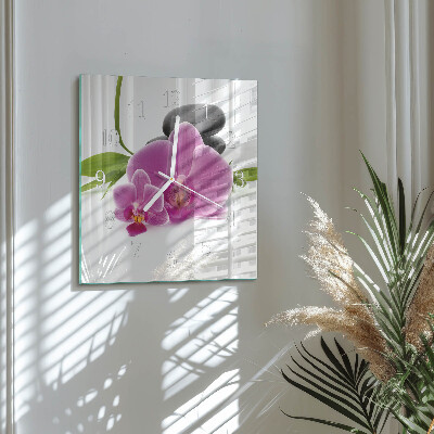 Čtvercové skleněné hodiny na stěnu Orchidej
