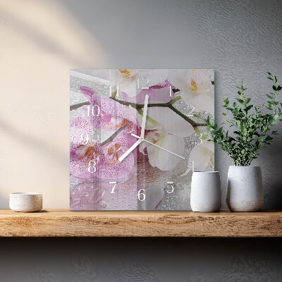 Čtvercové skleněné hodiny na stěnu Orchidej