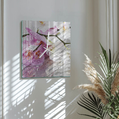 Čtvercové skleněné hodiny na stěnu Orchidej