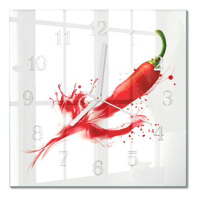 Čtvercové skleněné hodiny na stěnu Chilli paprička