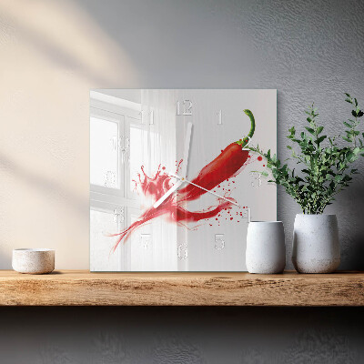 Čtvercové skleněné hodiny na stěnu Chilli paprička
