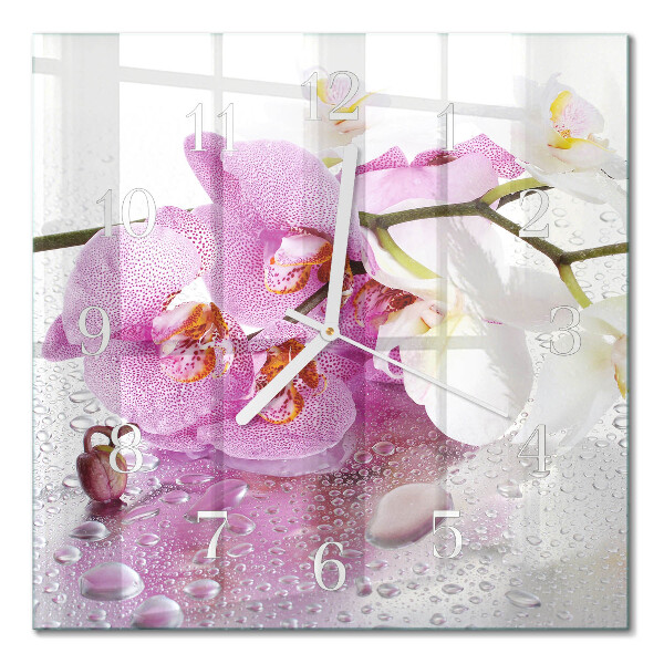 Čtvercové skleněné hodiny na stěnu Orchidej