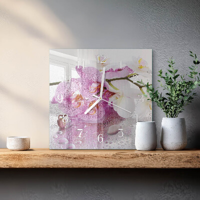 Čtvercové skleněné hodiny na stěnu Orchidej