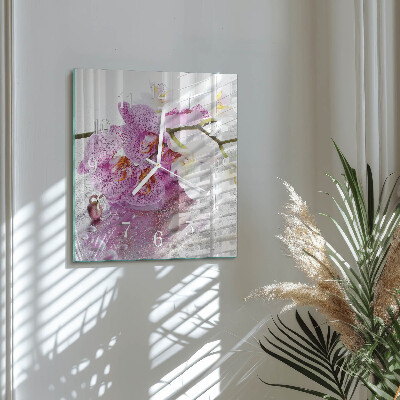 Čtvercové skleněné hodiny na stěnu Orchidej