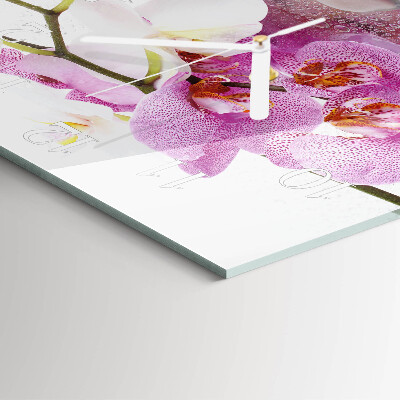 Čtvercové skleněné hodiny na stěnu Orchidej