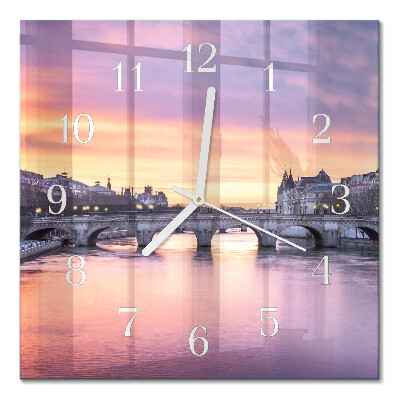 Čtvercové skleněné hodiny na zeď Město na řece