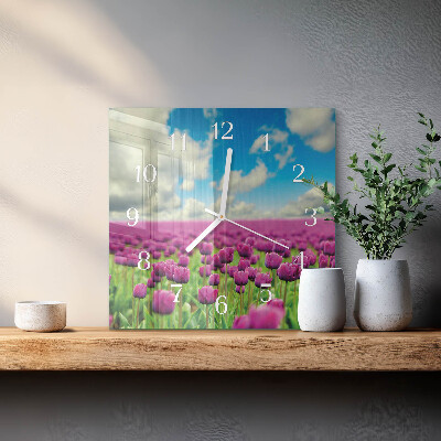 Čtvercové skleněné hodiny na zeď Tulipány