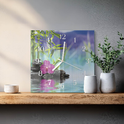 Hodiny s fotkou skleněné čtvercové Lázně s orchidejími