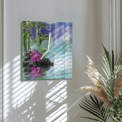 Hodiny s fotkou skleněné čtvercové Lázně s orchidejími