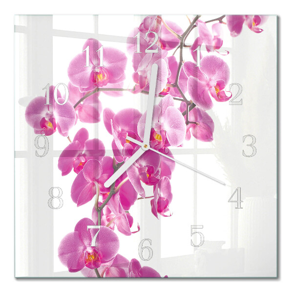 Čtvercové skleněné hodiny na stěnu Orchidej