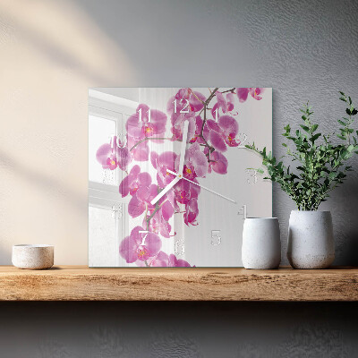 Čtvercové skleněné hodiny na stěnu Orchidej