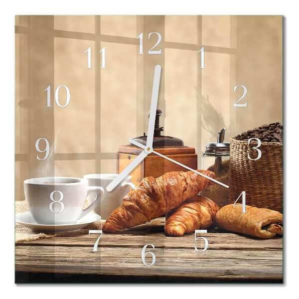 Čtvercové skleněné hodiny na zeď Croissanty