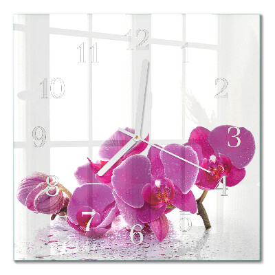 Čtvercové skleněné hodiny na zeď Orchidej