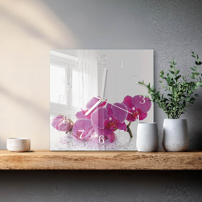Čtvercové skleněné hodiny na zeď Orchidej