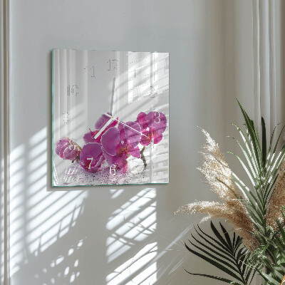Čtvercové skleněné hodiny na zeď Orchidej