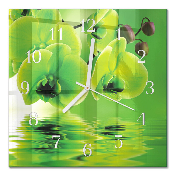 Čtvercové skleněné hodiny na stěnu Orchidej