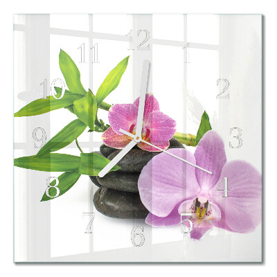 Čtvercové skleněné hodiny na stěnu Orchidej