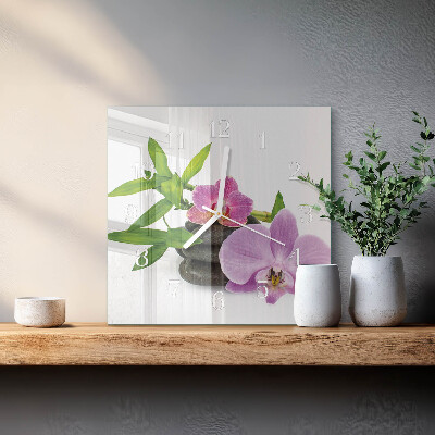Čtvercové skleněné hodiny na stěnu Orchidej