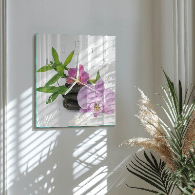 Čtvercové skleněné hodiny na stěnu Orchidej