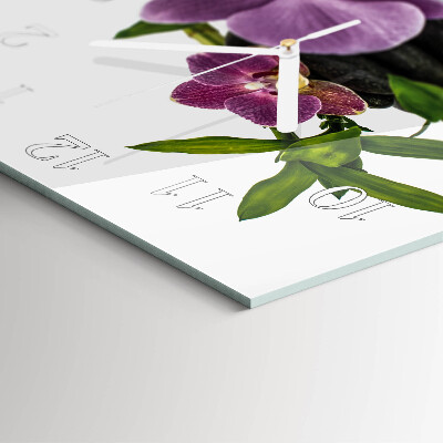 Čtvercové skleněné hodiny na stěnu Orchidej