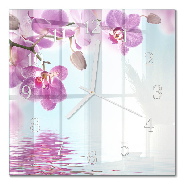 Čtvercové skleněné hodiny na stěnu Orchidej
