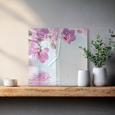 Čtvercové skleněné hodiny na stěnu Orchidej
